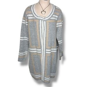 BYdesign Women's 1X Gray Tan White Striped Geometric Open‎ Front Cardigan